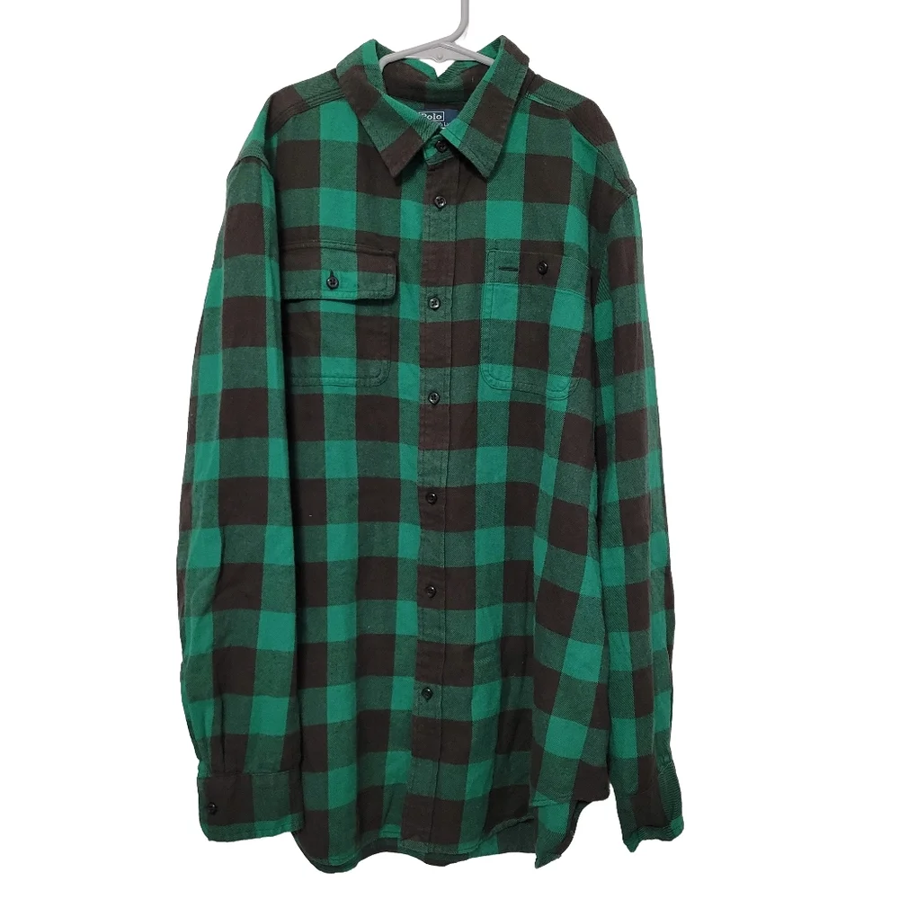 Ralph Lauren Green Buffalo Plaid Button Down Shirt Size Boys XL (18-20) Flannel